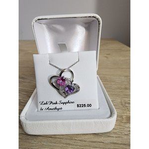Amethyst, Lab Created Pink Sapphire & Diamond Accent Double Heart Pendant NIB